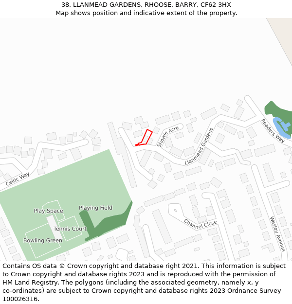 38, LLANMEAD GARDENS, RHOOSE, BARRY, CF62 3HX: Location map and indicative extent of plot