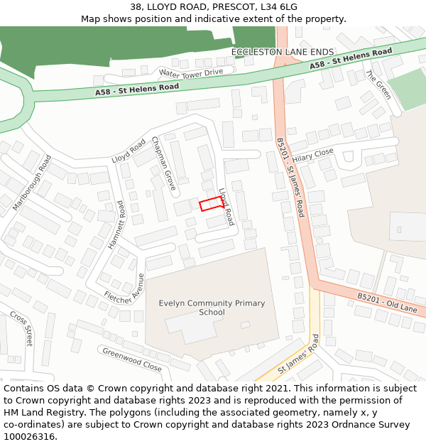 38, LLOYD ROAD, PRESCOT, L34 6LG: Location map and indicative extent of plot