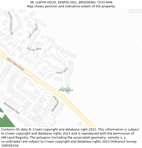 38, LLWYN HELIG, KENFIG HILL, BRIDGEND, CF33 6HN: Location map and indicative extent of plot