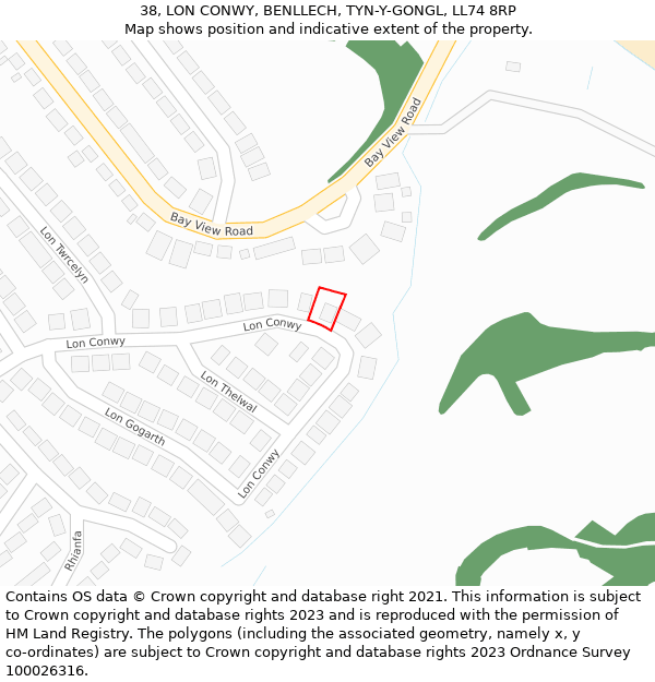 38, LON CONWY, BENLLECH, TYN-Y-GONGL, LL74 8RP: Location map and indicative extent of plot