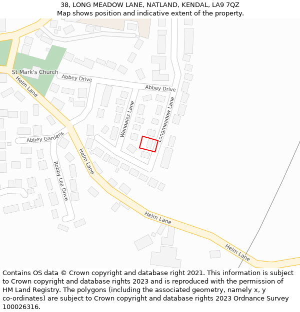 38, LONG MEADOW LANE, NATLAND, KENDAL, LA9 7QZ: Location map and indicative extent of plot