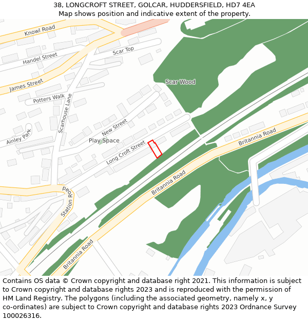 38, LONGCROFT STREET, GOLCAR, HUDDERSFIELD, HD7 4EA: Location map and indicative extent of plot