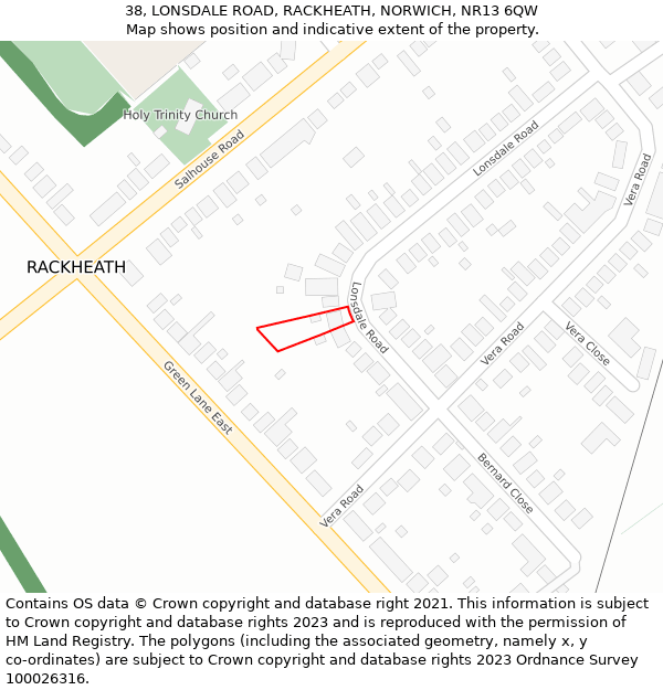 38, LONSDALE ROAD, RACKHEATH, NORWICH, NR13 6QW: Location map and indicative extent of plot