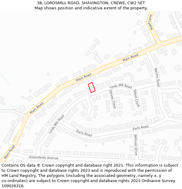 38, LORDSMILL ROAD, SHAVINGTON, CREWE, CW2 5ET: Location map and indicative extent of plot