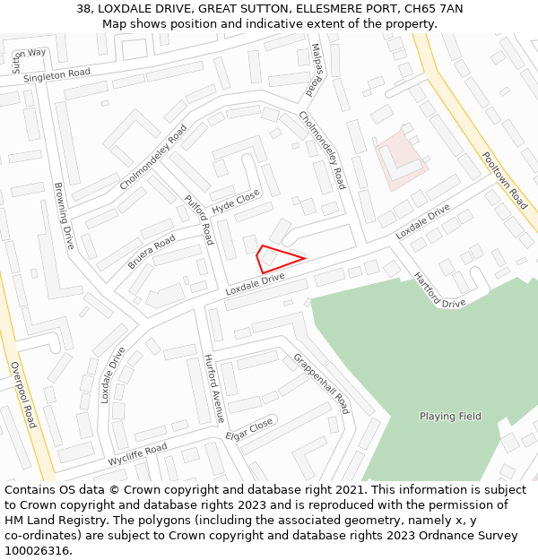 38, LOXDALE DRIVE, GREAT SUTTON, ELLESMERE PORT, CH65 7AN: Location map and indicative extent of plot