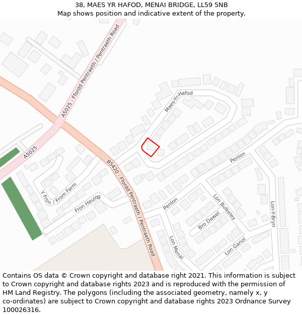 38, MAES YR HAFOD, MENAI BRIDGE, LL59 5NB: Location map and indicative extent of plot