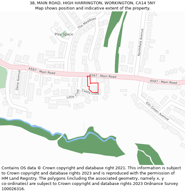 38, MAIN ROAD, HIGH HARRINGTON, WORKINGTON, CA14 5NY: Location map and indicative extent of plot