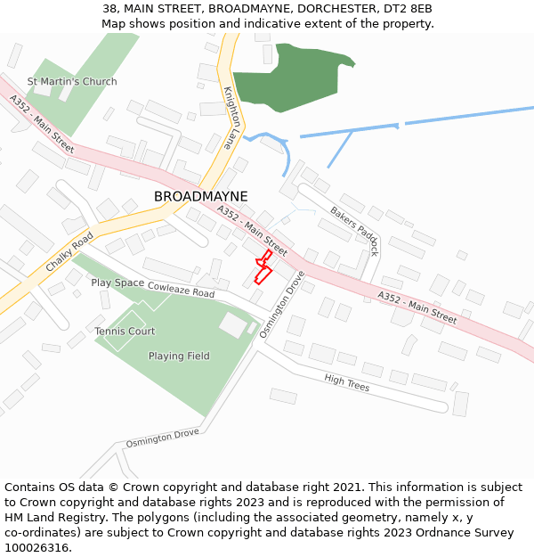 38, MAIN STREET, BROADMAYNE, DORCHESTER, DT2 8EB: Location map and indicative extent of plot