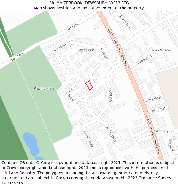 38, MAIZEBROOK, DEWSBURY, WF13 3TG: Location map and indicative extent of plot