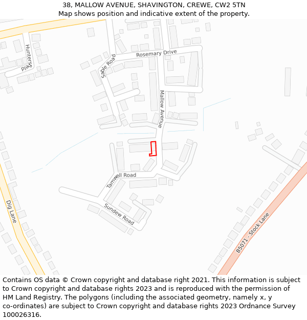 38, MALLOW AVENUE, SHAVINGTON, CREWE, CW2 5TN: Location map and indicative extent of plot