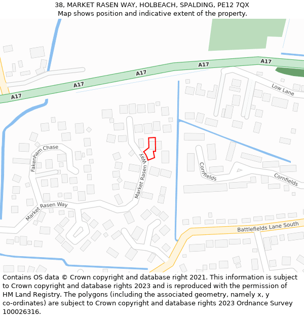 38, MARKET RASEN WAY, HOLBEACH, SPALDING, PE12 7QX: Location map and indicative extent of plot