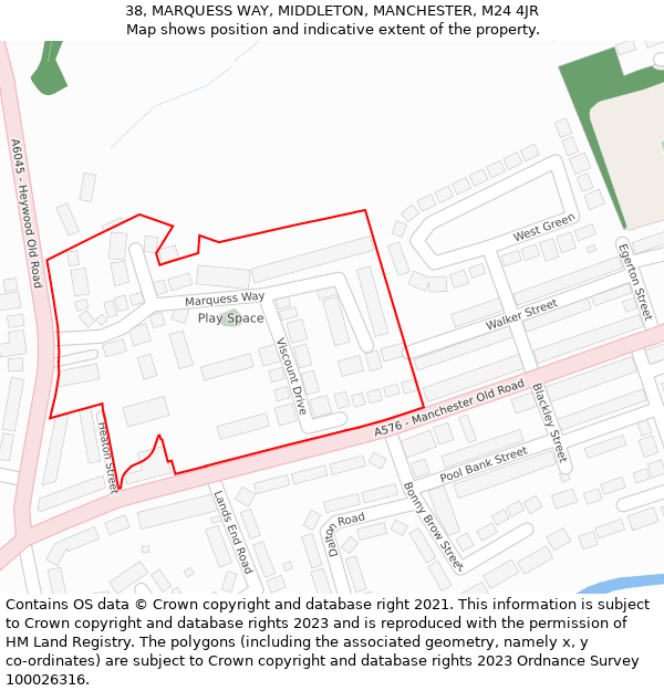 38, MARQUESS WAY, MIDDLETON, MANCHESTER, M24 4JR: Location map and indicative extent of plot