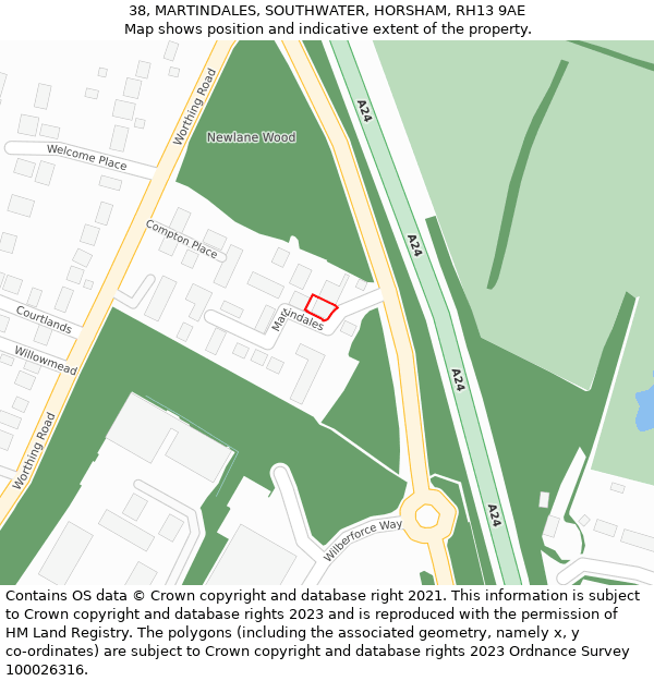 38, MARTINDALES, SOUTHWATER, HORSHAM, RH13 9AE: Location map and indicative extent of plot