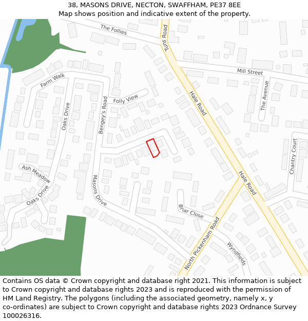 38, MASONS DRIVE, NECTON, SWAFFHAM, PE37 8EE: Location map and indicative extent of plot