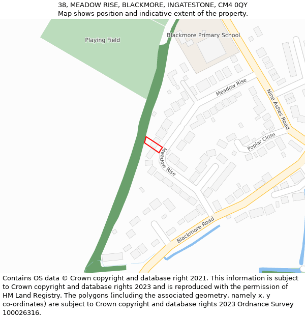 38, MEADOW RISE, BLACKMORE, INGATESTONE, CM4 0QY: Location map and indicative extent of plot