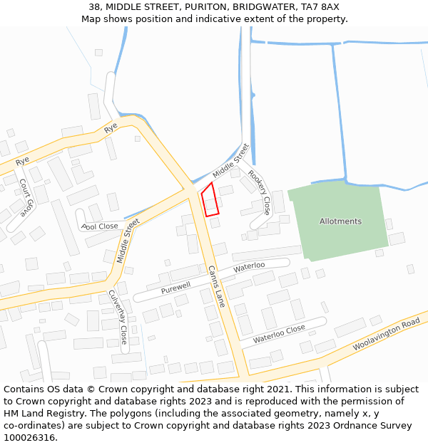 38, MIDDLE STREET, PURITON, BRIDGWATER, TA7 8AX: Location map and indicative extent of plot