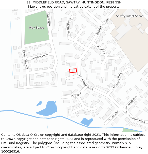 38, MIDDLEFIELD ROAD, SAWTRY, HUNTINGDON, PE28 5SH: Location map and indicative extent of plot