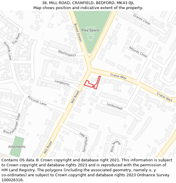 38, MILL ROAD, CRANFIELD, BEDFORD, MK43 0JL: Location map and indicative extent of plot