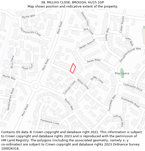 38, MILLIAS CLOSE, BROUGH, HU15 1GP: Location map and indicative extent of plot