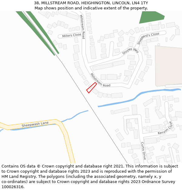 38, MILLSTREAM ROAD, HEIGHINGTON, LINCOLN, LN4 1TY: Location map and indicative extent of plot
