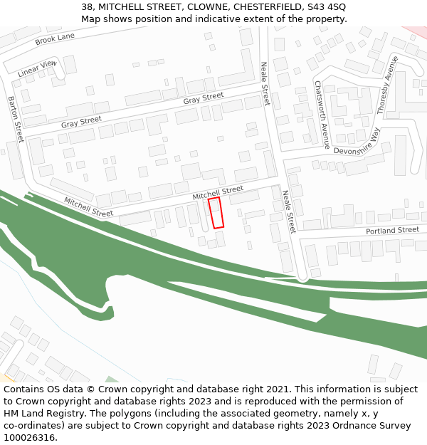 38, MITCHELL STREET, CLOWNE, CHESTERFIELD, S43 4SQ: Location map and indicative extent of plot