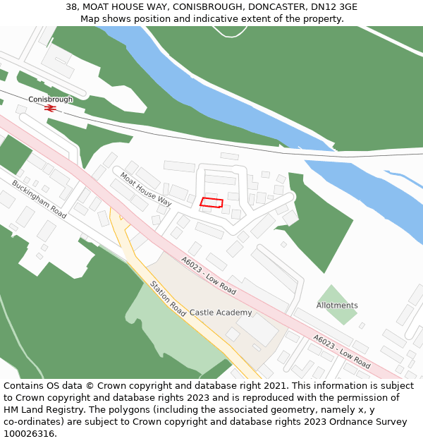 38, MOAT HOUSE WAY, CONISBROUGH, DONCASTER, DN12 3GE: Location map and indicative extent of plot