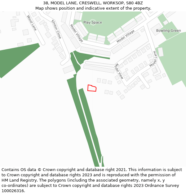 38, MODEL LANE, CRESWELL, WORKSOP, S80 4BZ: Location map and indicative extent of plot