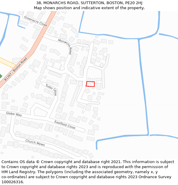 38, MONARCHS ROAD, SUTTERTON, BOSTON, PE20 2HJ: Location map and indicative extent of plot