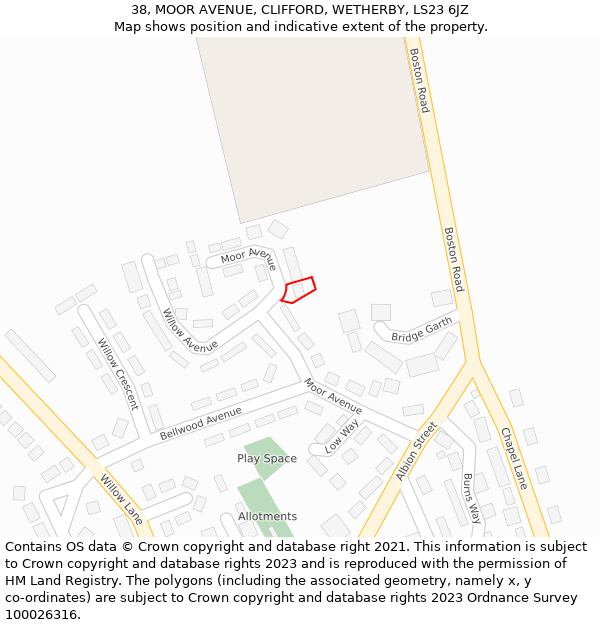38, MOOR AVENUE, CLIFFORD, WETHERBY, LS23 6JZ: Location map and indicative extent of plot