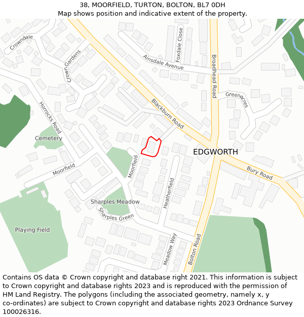 38, MOORFIELD, TURTON, BOLTON, BL7 0DH: Location map and indicative extent of plot