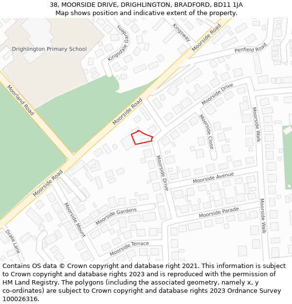 38, MOORSIDE DRIVE, DRIGHLINGTON, BRADFORD, BD11 1JA: Location map and indicative extent of plot