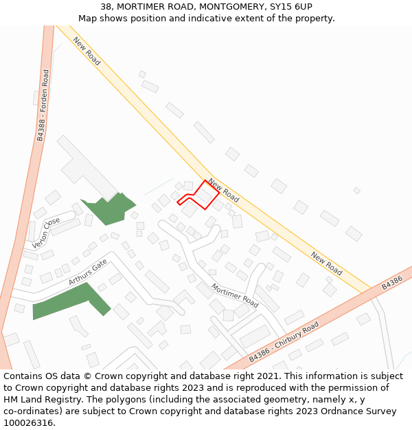 38, MORTIMER ROAD, MONTGOMERY, SY15 6UP: Location map and indicative extent of plot