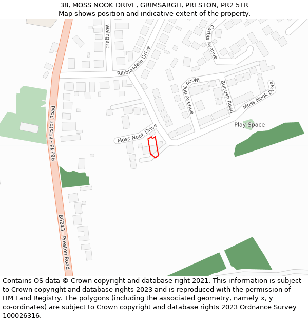 38, MOSS NOOK DRIVE, GRIMSARGH, PRESTON, PR2 5TR: Location map and indicative extent of plot