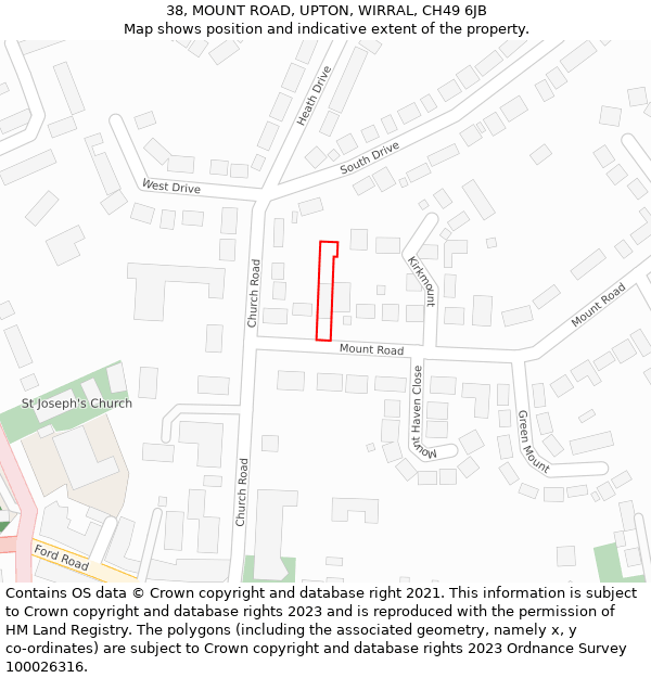 38, MOUNT ROAD, UPTON, WIRRAL, CH49 6JB: Location map and indicative extent of plot