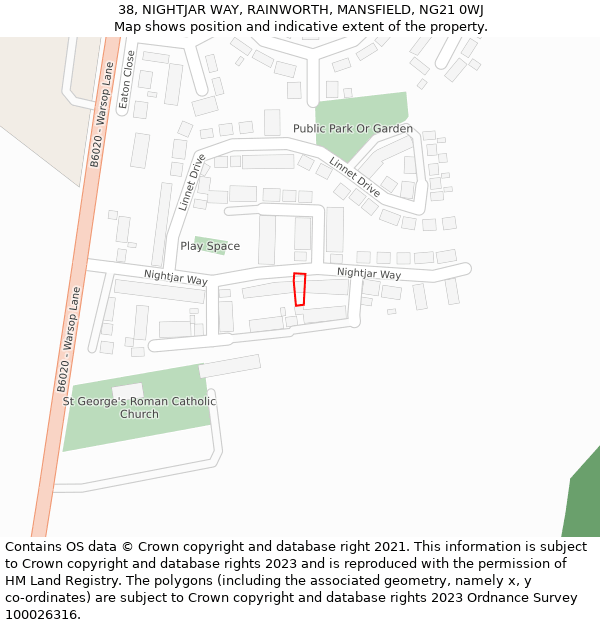 38, NIGHTJAR WAY, RAINWORTH, MANSFIELD, NG21 0WJ: Location map and indicative extent of plot