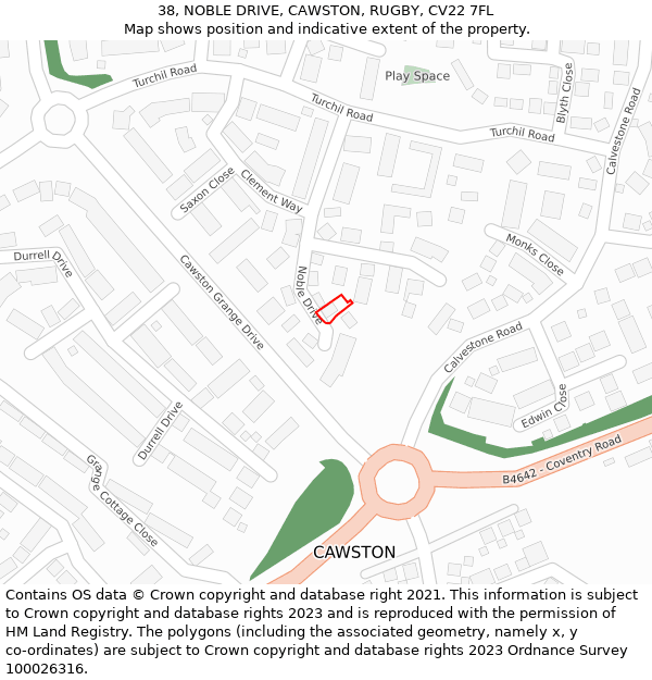 38, NOBLE DRIVE, CAWSTON, RUGBY, CV22 7FL: Location map and indicative extent of plot