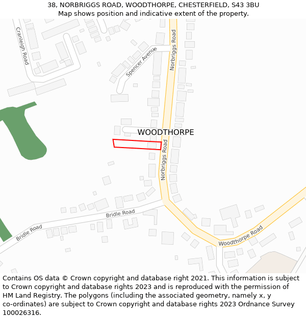 38, NORBRIGGS ROAD, WOODTHORPE, CHESTERFIELD, S43 3BU: Location map and indicative extent of plot