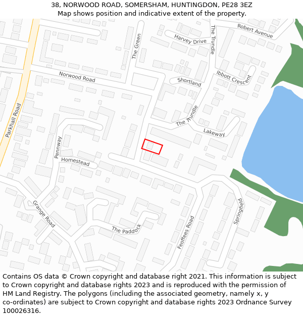 38, NORWOOD ROAD, SOMERSHAM, HUNTINGDON, PE28 3EZ: Location map and indicative extent of plot