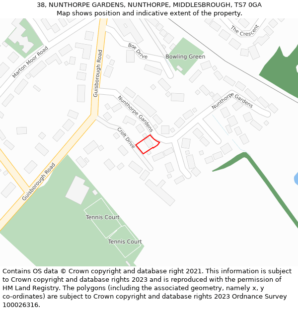 38, NUNTHORPE GARDENS, NUNTHORPE, MIDDLESBROUGH, TS7 0GA: Location map and indicative extent of plot