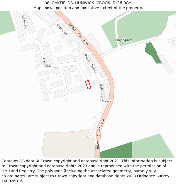 38, OAKFIELDS, HUNWICK, CROOK, DL15 0GA: Location map and indicative extent of plot