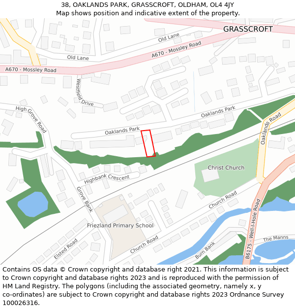 38, OAKLANDS PARK, GRASSCROFT, OLDHAM, OL4 4JY: Location map and indicative extent of plot