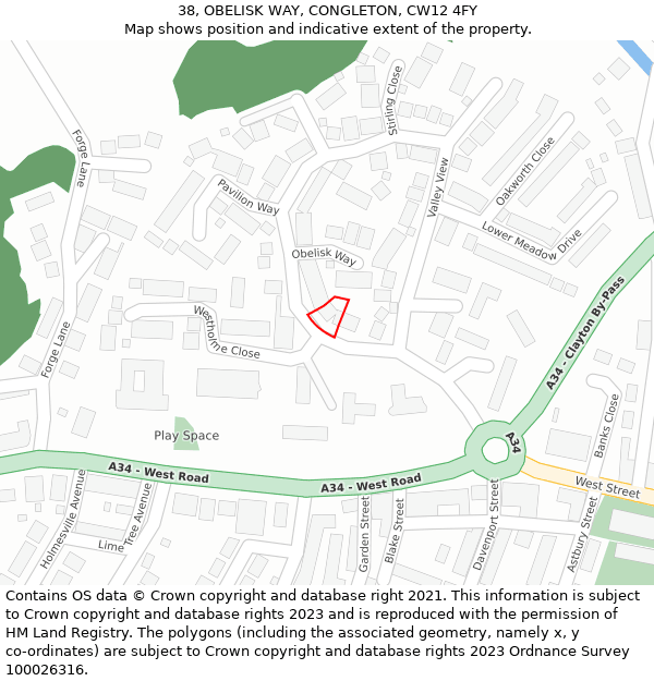 38, OBELISK WAY, CONGLETON, CW12 4FY: Location map and indicative extent of plot