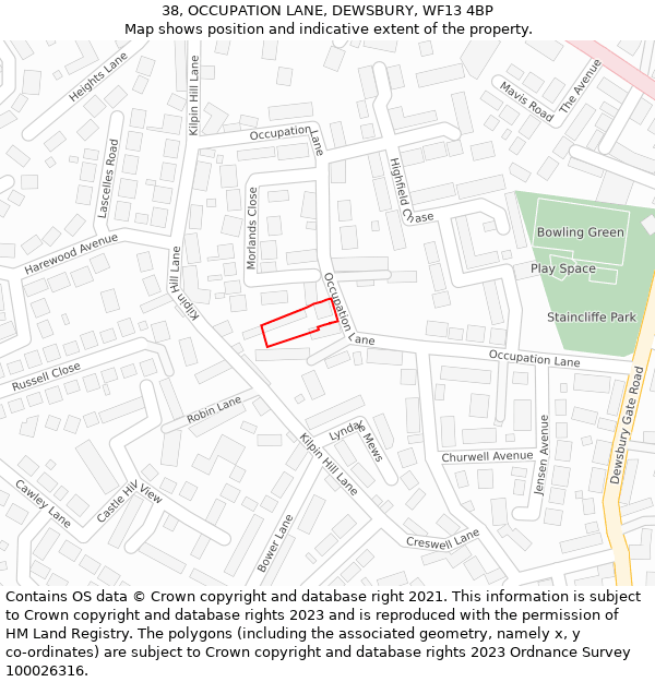 38, OCCUPATION LANE, DEWSBURY, WF13 4BP: Location map and indicative extent of plot