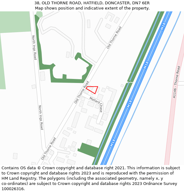 38, OLD THORNE ROAD, HATFIELD, DONCASTER, DN7 6ER: Location map and indicative extent of plot