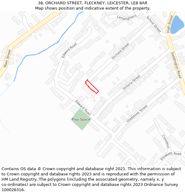 38, ORCHARD STREET, FLECKNEY, LEICESTER, LE8 8AR: Location map and indicative extent of plot