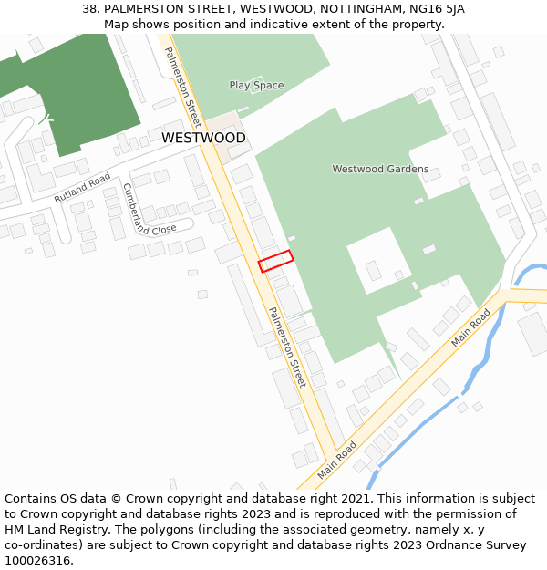 38, PALMERSTON STREET, WESTWOOD, NOTTINGHAM, NG16 5JA: Location map and indicative extent of plot