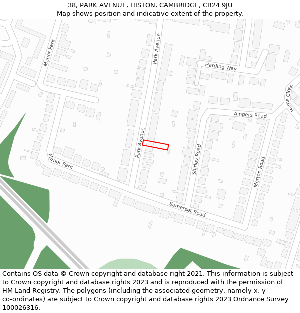 38, PARK AVENUE, HISTON, CAMBRIDGE, CB24 9JU: Location map and indicative extent of plot