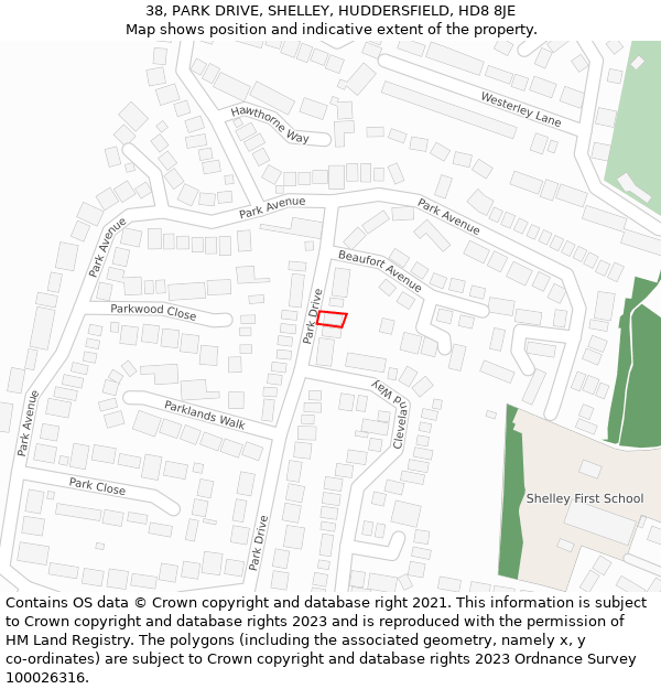 38, PARK DRIVE, SHELLEY, HUDDERSFIELD, HD8 8JE: Location map and indicative extent of plot