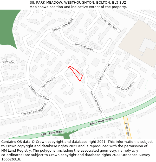 38, PARK MEADOW, WESTHOUGHTON, BOLTON, BL5 3UZ: Location map and indicative extent of plot