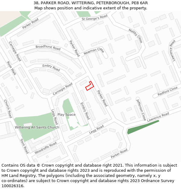 38, PARKER ROAD, WITTERING, PETERBOROUGH, PE8 6AR: Location map and indicative extent of plot